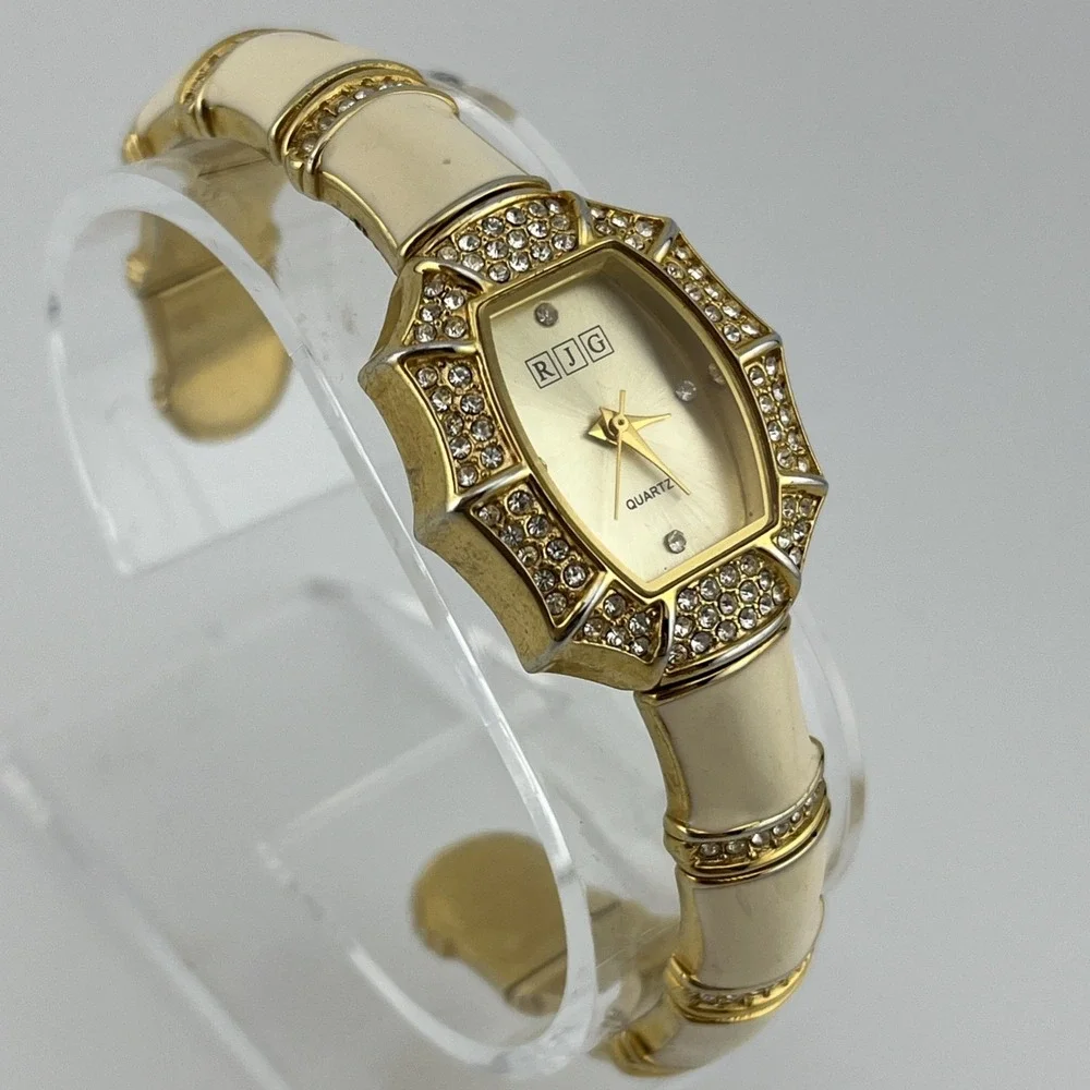 R.J. Graziano Watch Women Cream Enamel &‎ Crystals Gold Bangle- New Battery